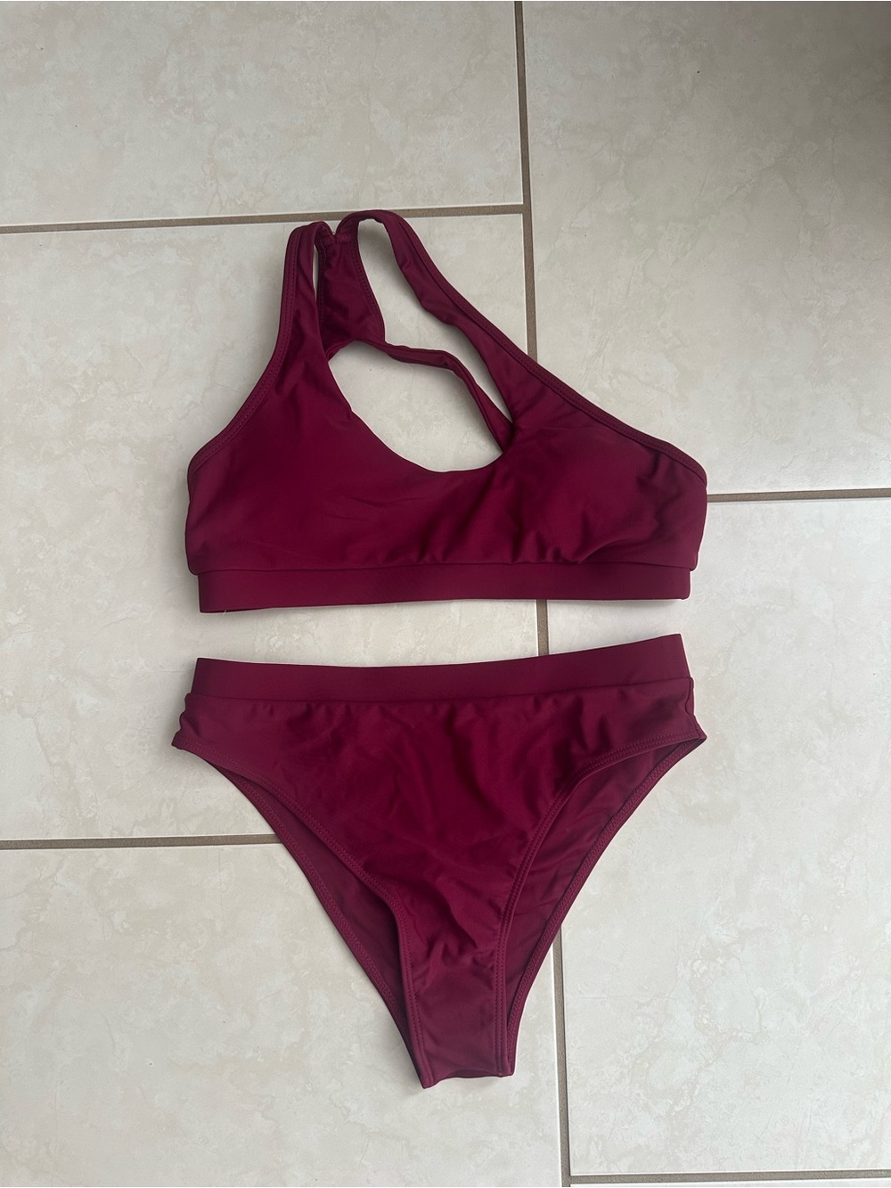 NWOT Women’s Burgundy Two-Piece Swim Set - Asymmetric Top & High-Waist